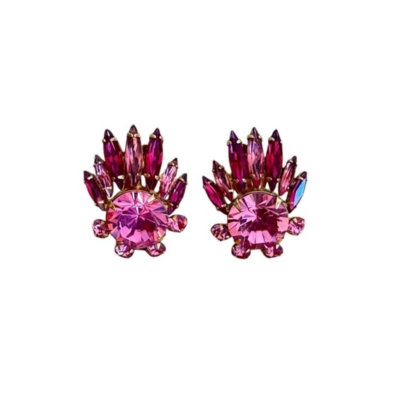 Vintage Earrings by Robert Pink Rhinestone Cluster Clip-On Mid Century Jewelry - Picture 5 of 5